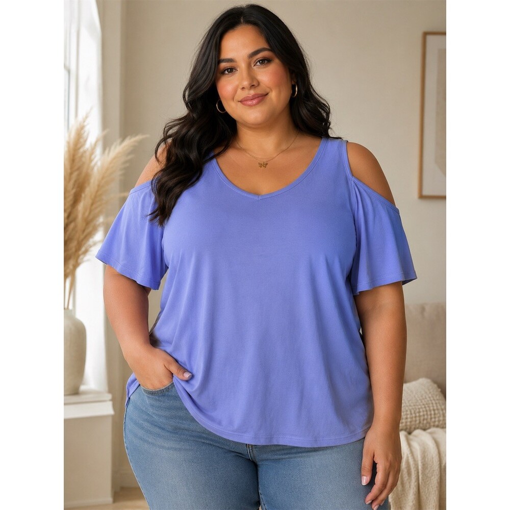 Just Be Blouse Womens Plus 2XL Lavender Purple Cold Shoulder V-Neck Top